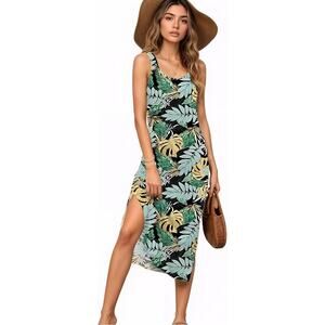 Sleeveless Floral Print Split Casual Long Beach Sundress, Black Leaf Print, XXL